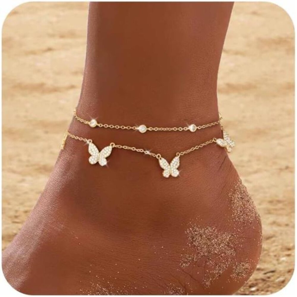 Gold Anklets for Women CZ Ankle Bracelet 14K Gold Plated Waterproof